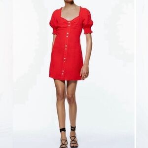 Zara Red Linen Short Sleeve Mini Dress in Small